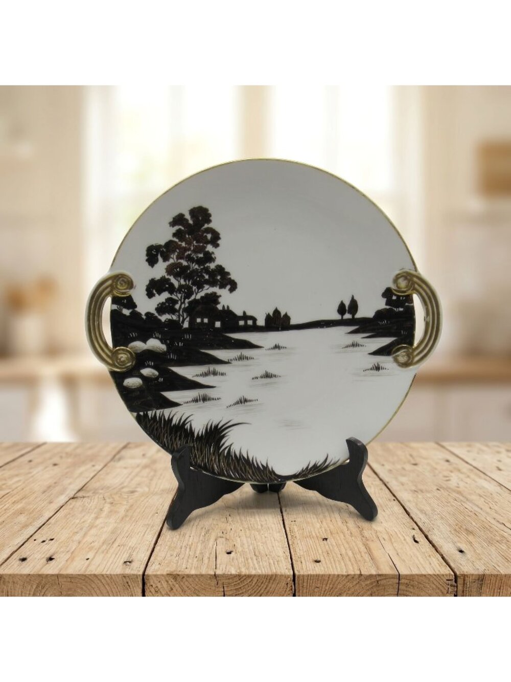 Nippon Scenic Landscape Plate Black White & Gold Two Handles Japan Vintage 11"